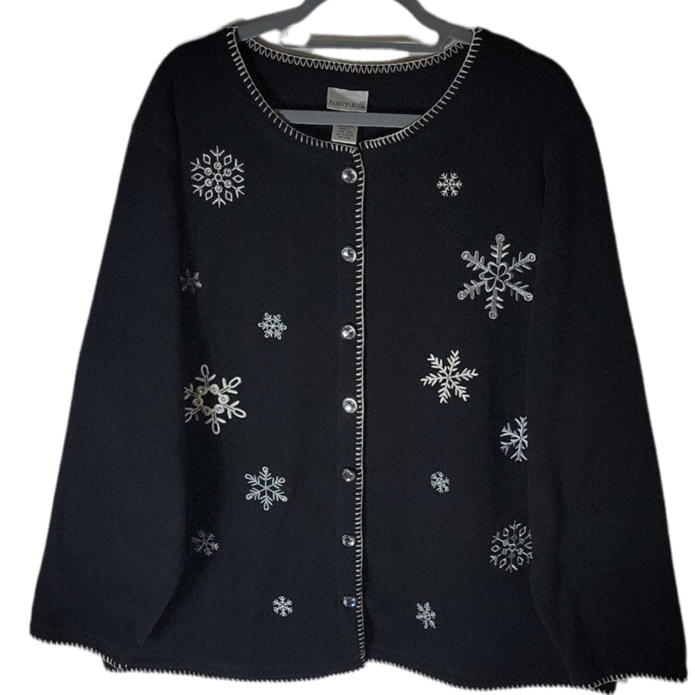 Fashion Bug women's 22/24W black fleece snowflake embroidered cardigan sweater